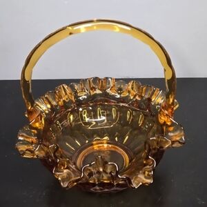 Vintage MCM Fenton Colonial Amber Thumbprint Glass Basket. NO CHIPS NO CRACKS